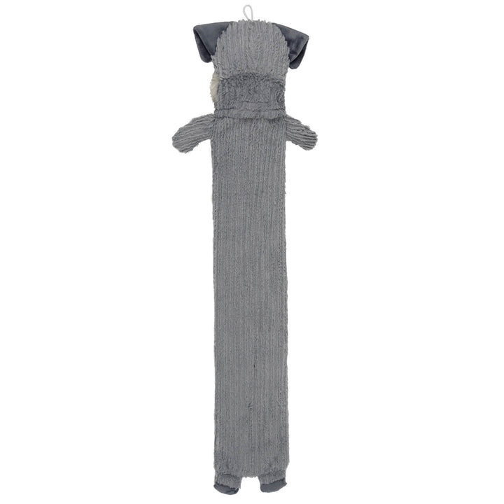Back view of a long plush grey dog hot water bottle on a white background