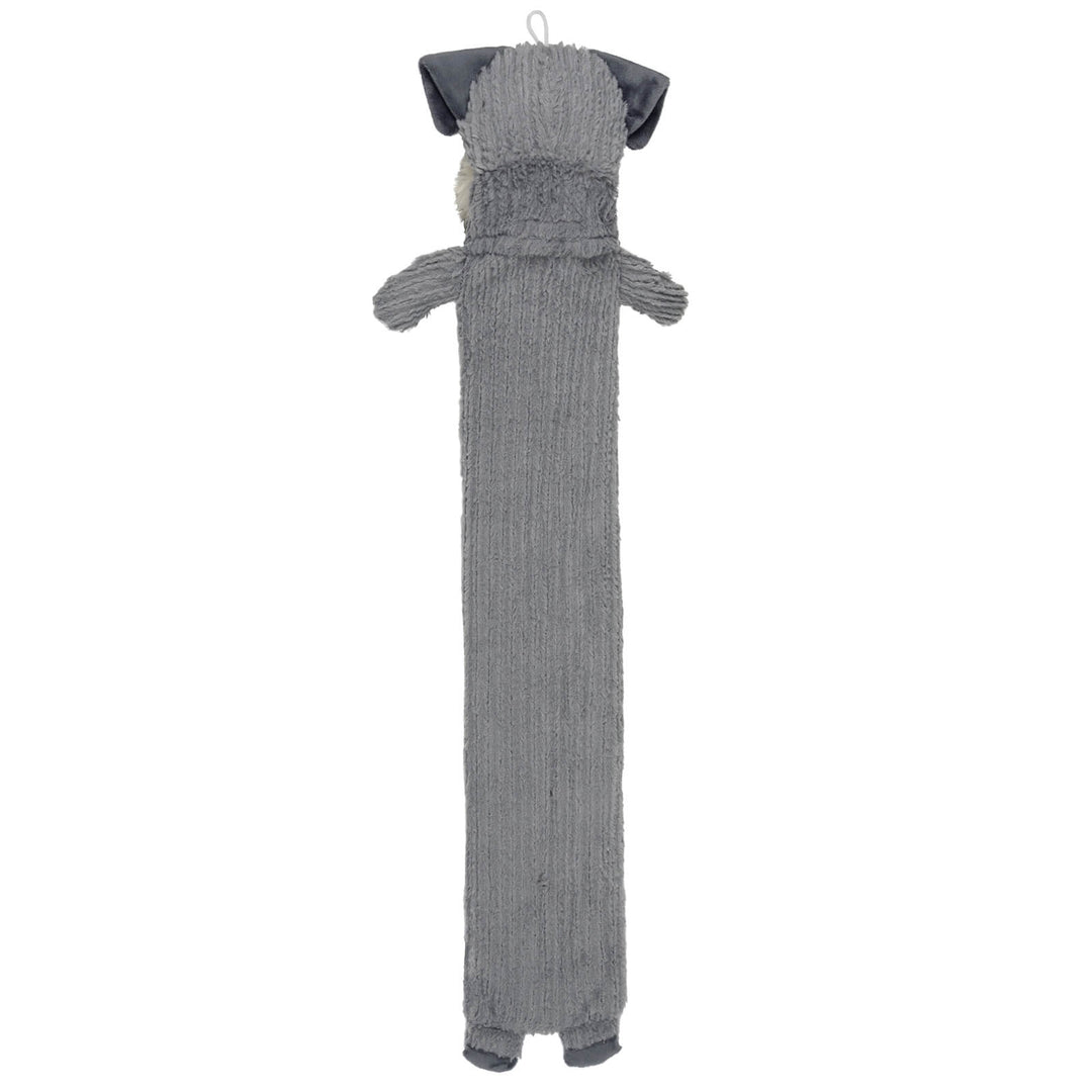 Back view of a long plush grey dog hot water bottle on a white background
