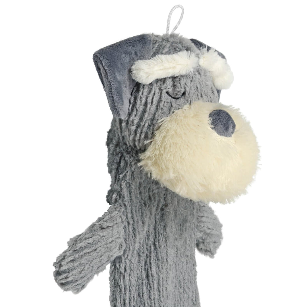 grey and white plush dog hot water bottle on a white background