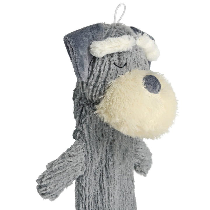 grey and white plush dog hot water bottle on a white background