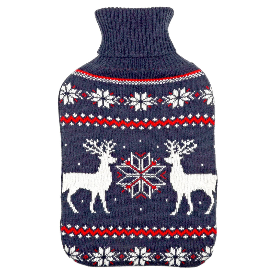 Navy white and red Christmas hot water bottle with reindeer and snowflakes pattern