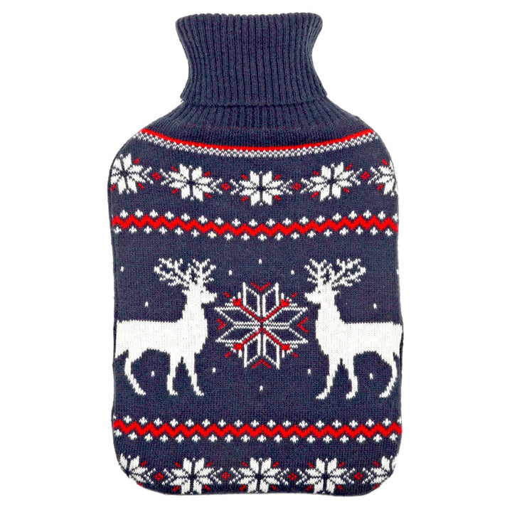 Navy white and red Christmas hot water bottle with reindeer and snowflakes pattern