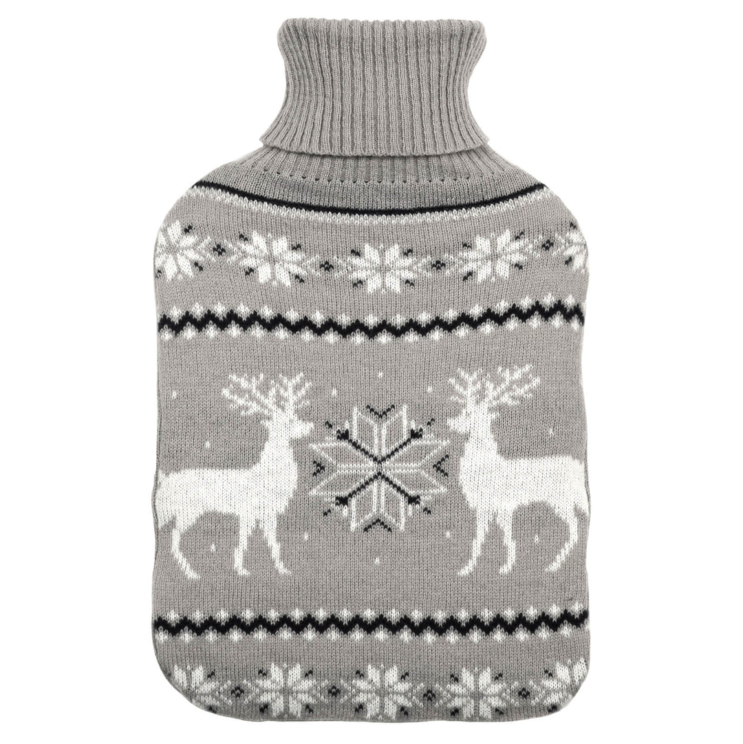 Grey and white Christmas hot water bottle with reindeer and snowflakes pattern on a white background