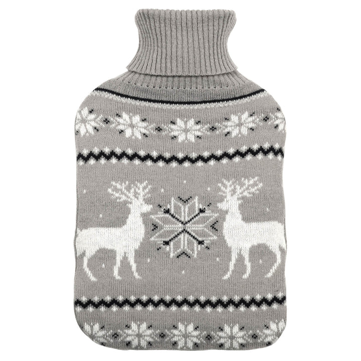 Grey and white Christmas hot water bottle with reindeer and snowflakes pattern on a white background