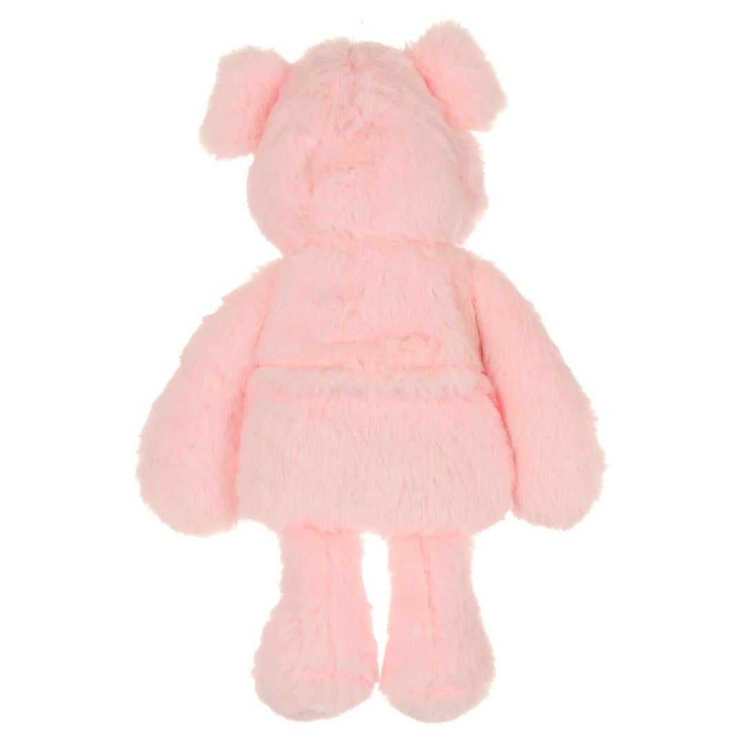 Back of a pink plush pig on a white background