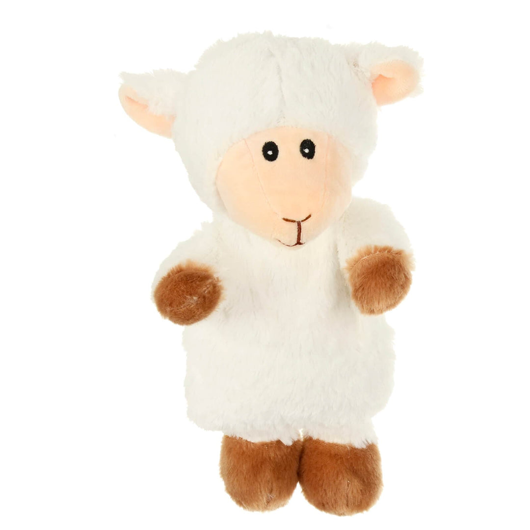 Plush white sheep heat pack with brown feet on a white background