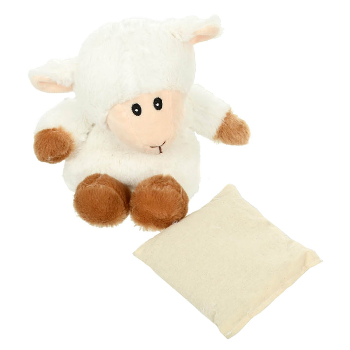 White sheep heat pack with microwave insert on a white background