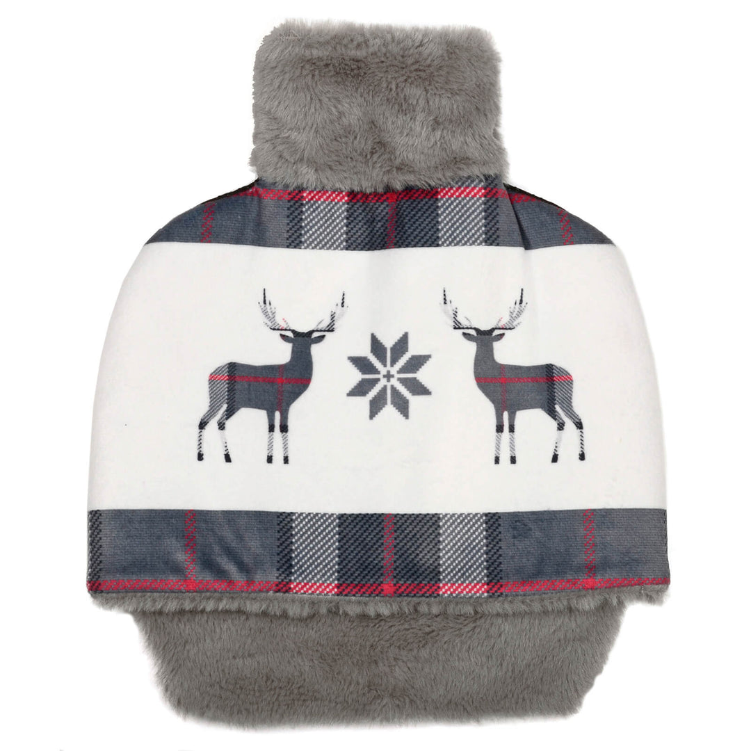 grey tartan and reindeer design hot water bottle foot warmer on a white background