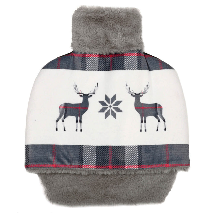 grey tartan and reindeer design hot water bottle foot warmer on a white background
