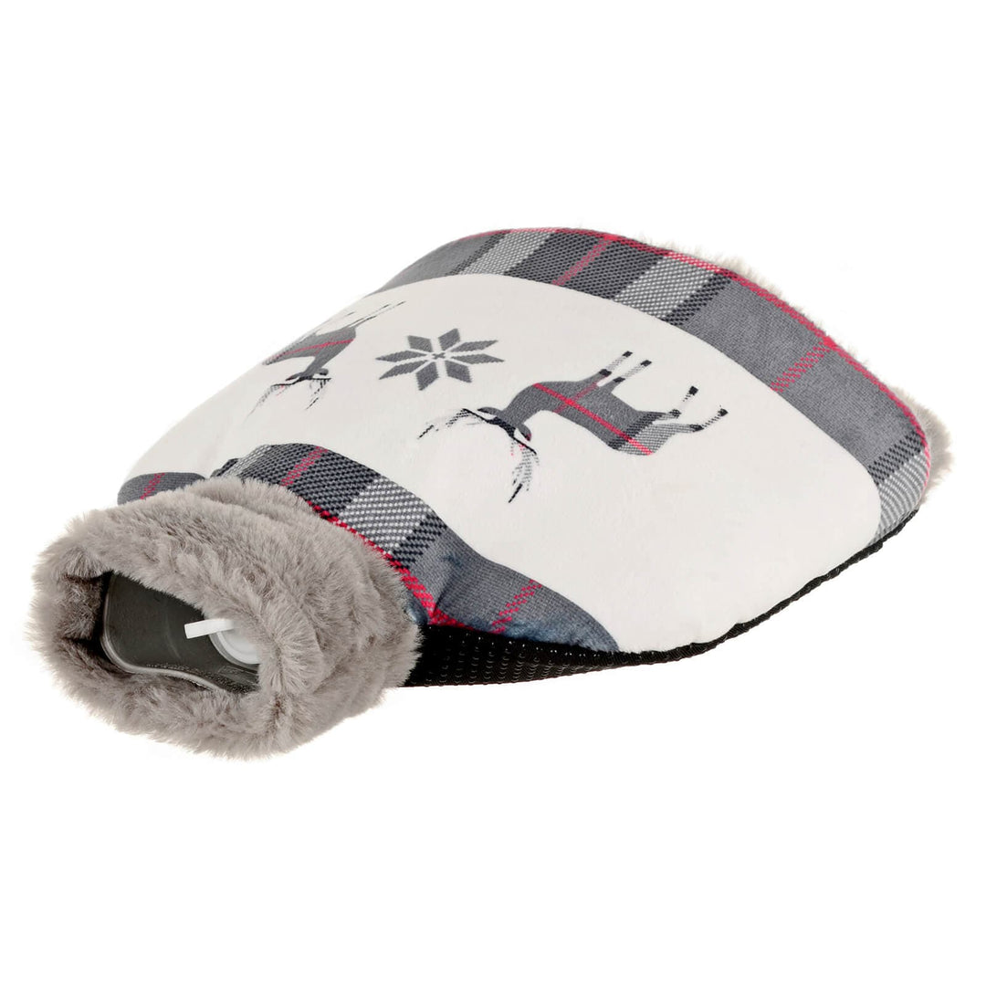 grey tartan Christmas reindeer pattern hot water bottle on a white background