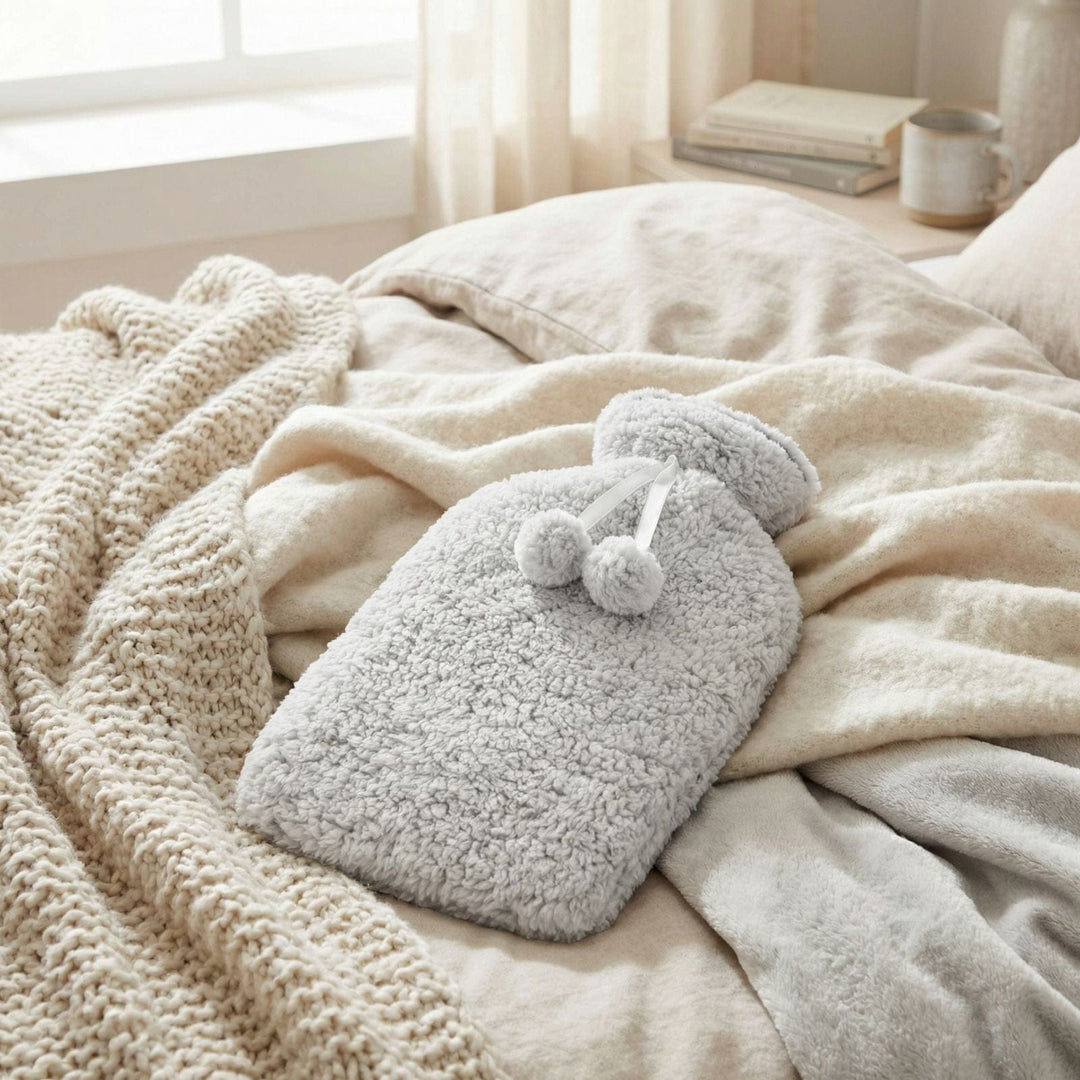 Gray hot water bottle on a bed with beige bedding