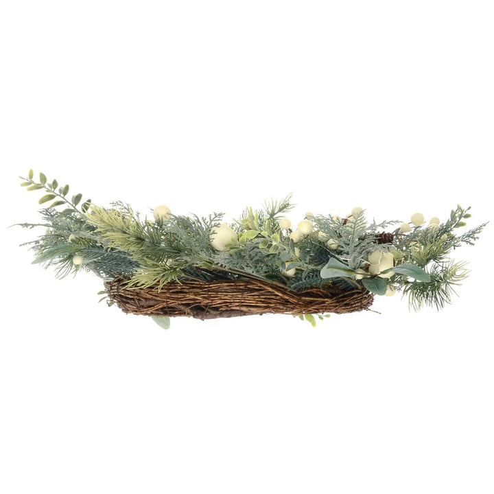 Side view profile of Christmas Wreath with brown woven rattan base and snowberries decoration