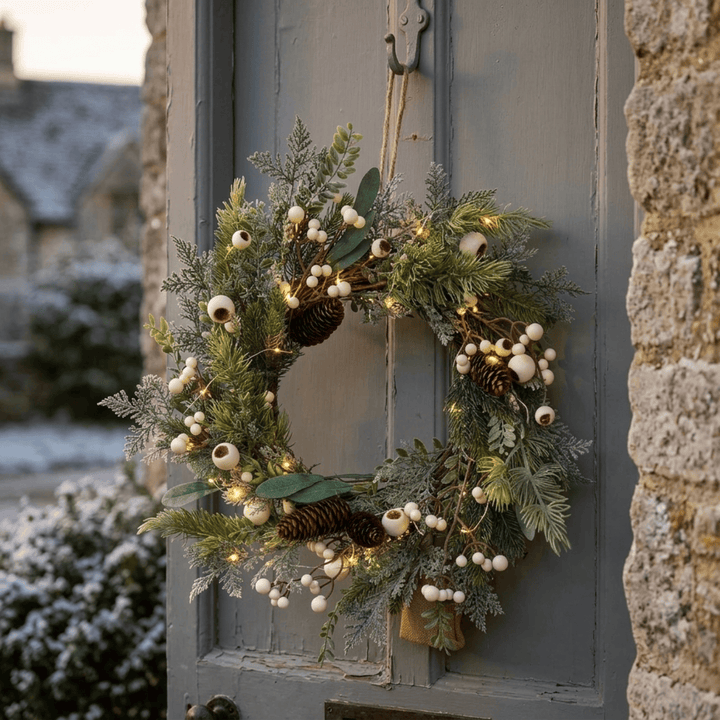 Snowberry Light Up Woodland Christmas Wreath Pine Cones 55cm