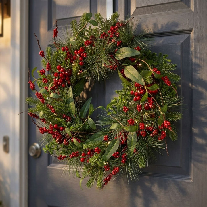 Christmas wreath with red berries on a grey front door