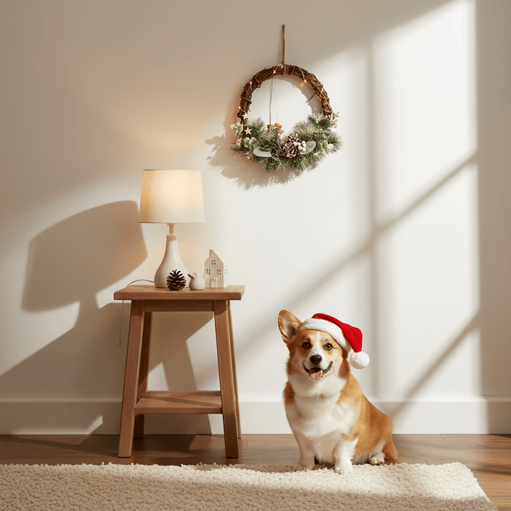 Dog wearing a Santa hat sitting on a rug in a room with a wooden stool and lamp.