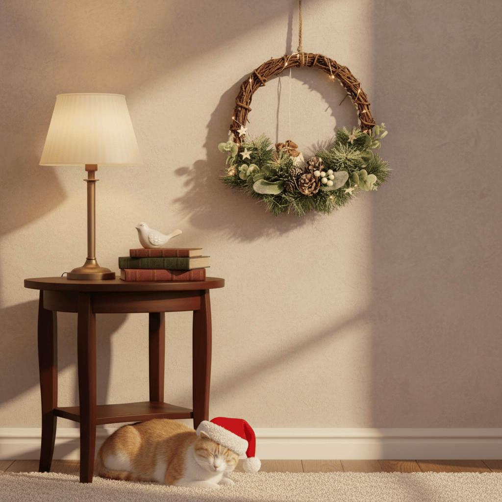 Cat wearing a Santa hat lying on the floor next to a wooden side table with a lamp and books, against a beige wall with a decorative wreath.