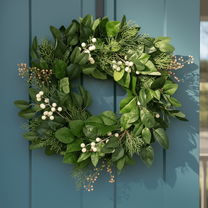 Green leafy wreath with white berries on a blue door