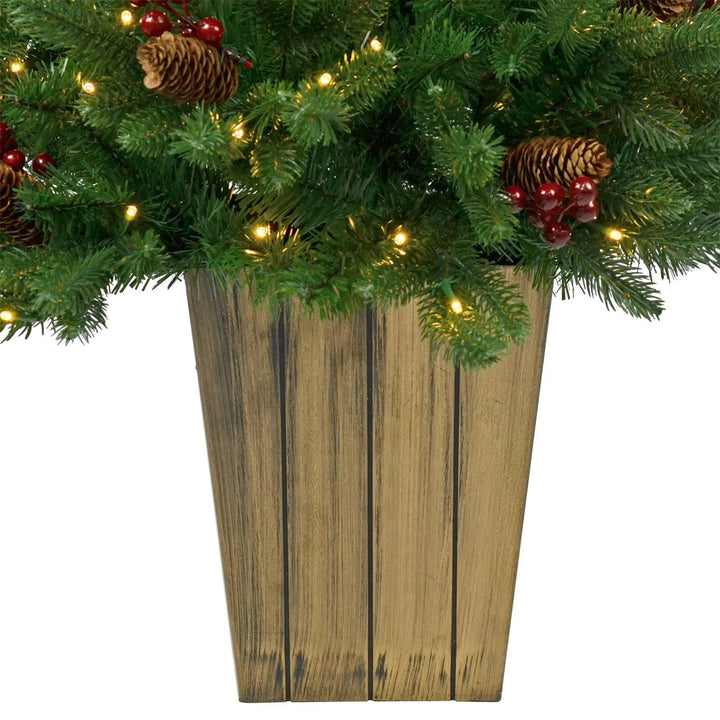 Wood effect base pot for a light up green pine Christmas tree