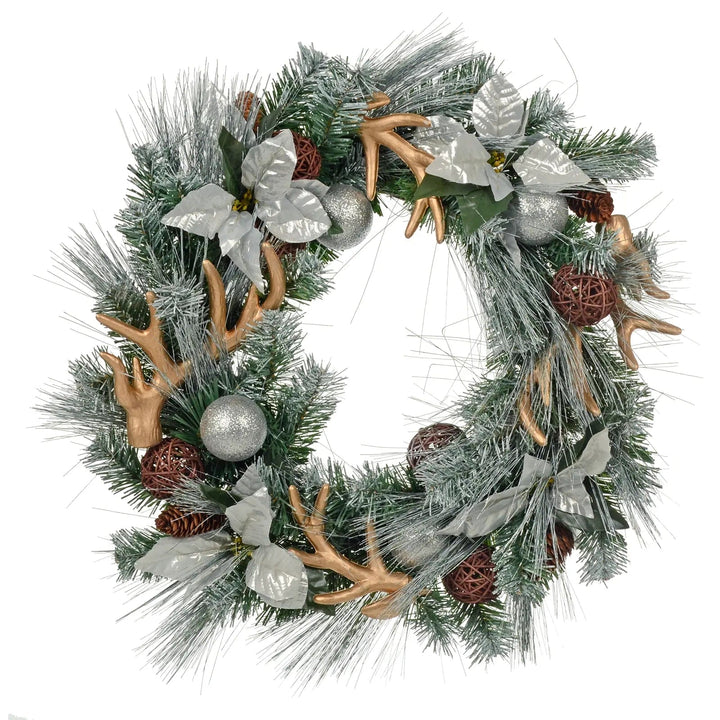 Christmas Wreath with gold reindeer antlers, silver flowers, baubles and pine cones