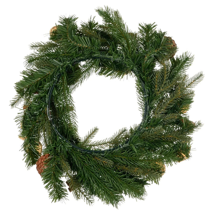 Back view of a green pine Christmas wreath with green wire base for hanging