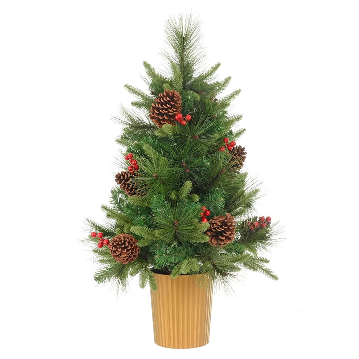 Small Christmas tree with mixed green pine branches, red berries, pine cones and a gold pot base