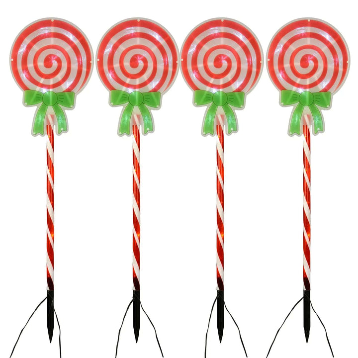 Set of 4 lollipop candy stripe Christmas pathway lights with green bows