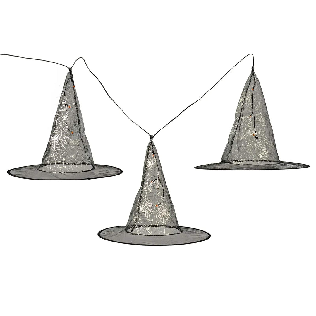 Set of 3 witch hat lights with orange LEDs and silver spider web pattern