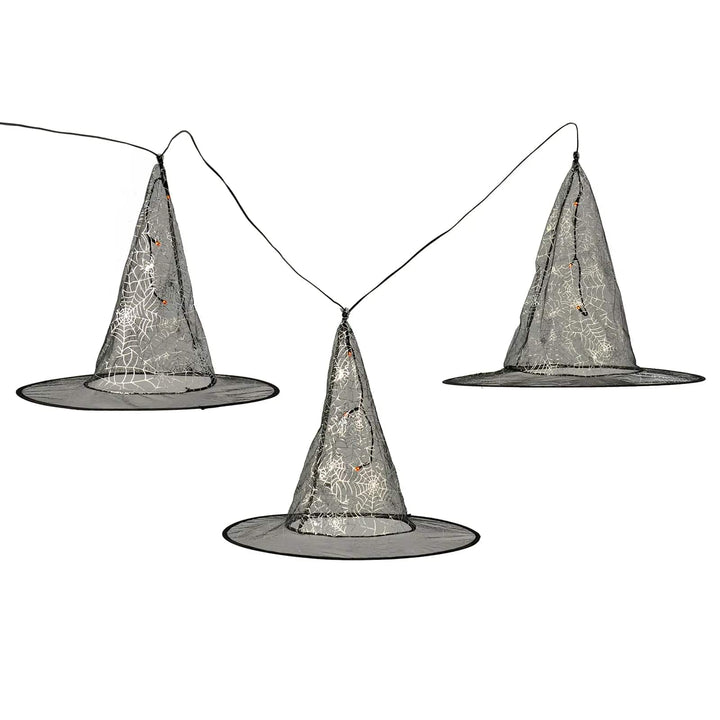 Set of 3 witch hat lights with orange LEDs and silver spider web pattern