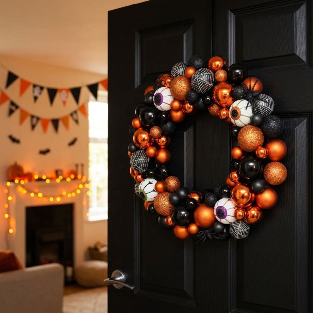 A Halloween-themed balloon wreath hanging on a black paneled door, featuring orange, black, and white balloons with spiderweb patterns and eyeballs, set against a decorated living room background.