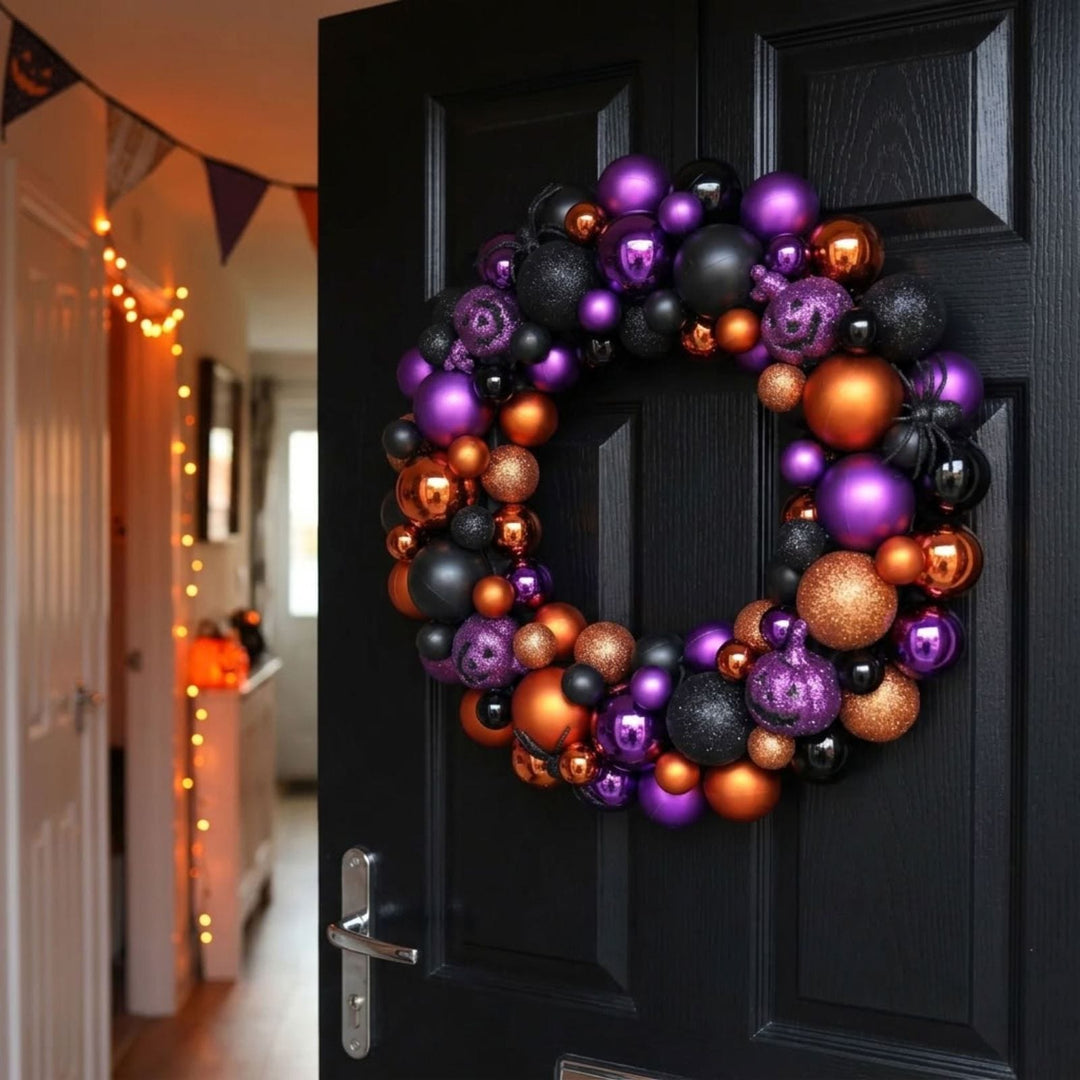 A Halloween-themed decorative wreath hanging on a black front door, featuring glossy and glittery purple, black, and metallic copper-orange baubles.