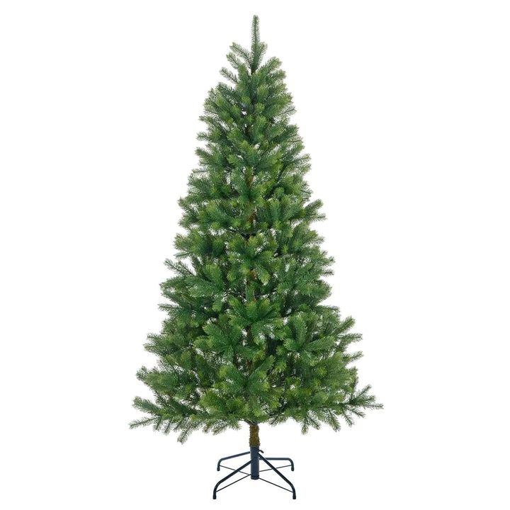 Large green pine artificial Christmas tree with black stand