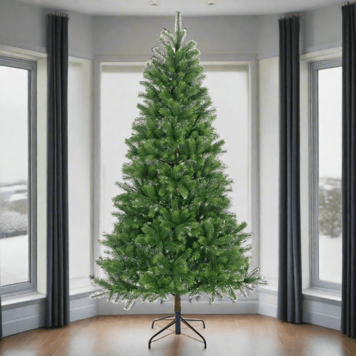 Large green pine artificial Christmas tree with black stand