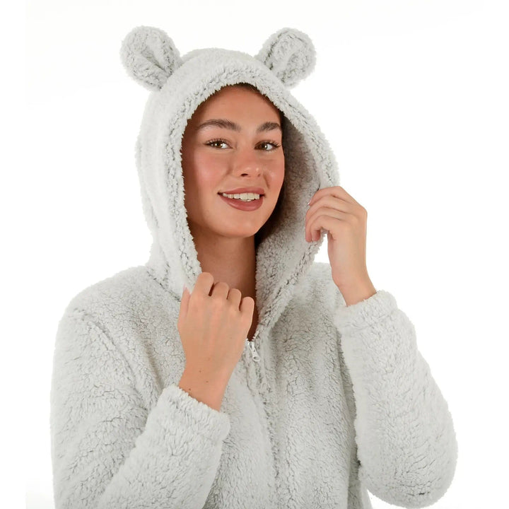 Close up of a light grey fleece hood with teddy bear ears