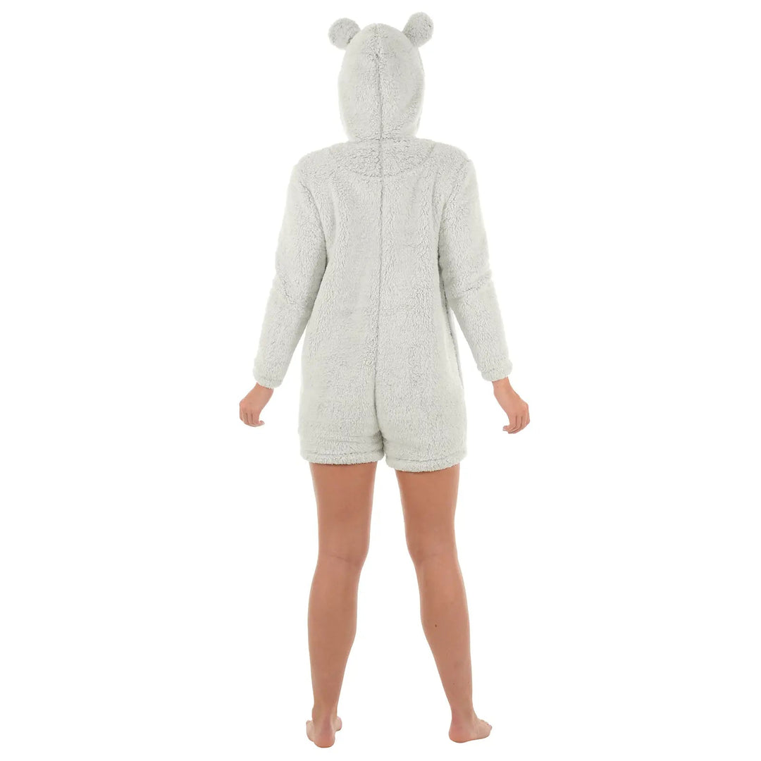 Back view of model wearing a light grey sherpa fleece romper suit