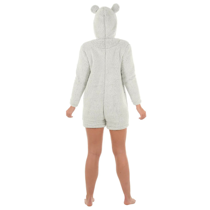 Back view of model wearing a light grey sherpa fleece romper suit