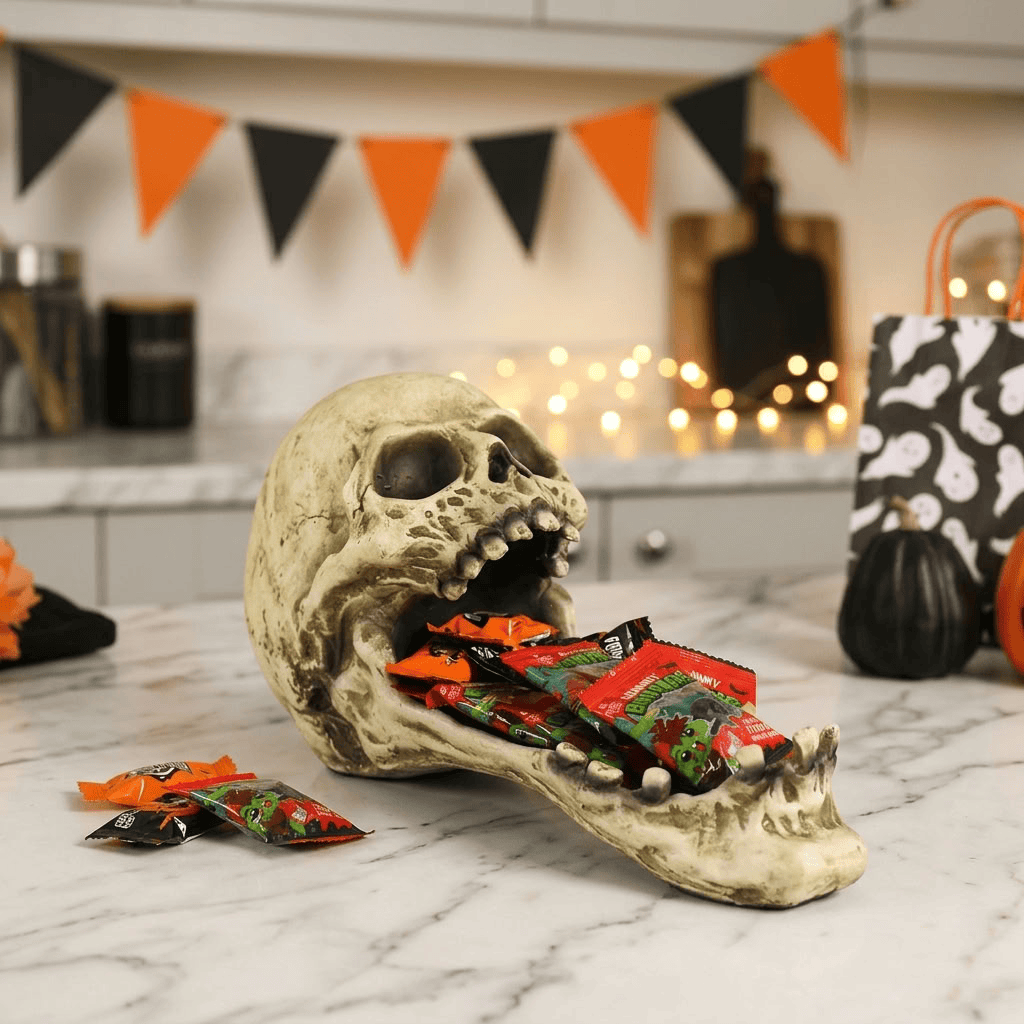 A skull-shaped candy holder filled with Halloween candy on a white marble kitchen counter, with orange and black pennant banners, warm string lights, pumpkins, and a patterned gift bag in the background.