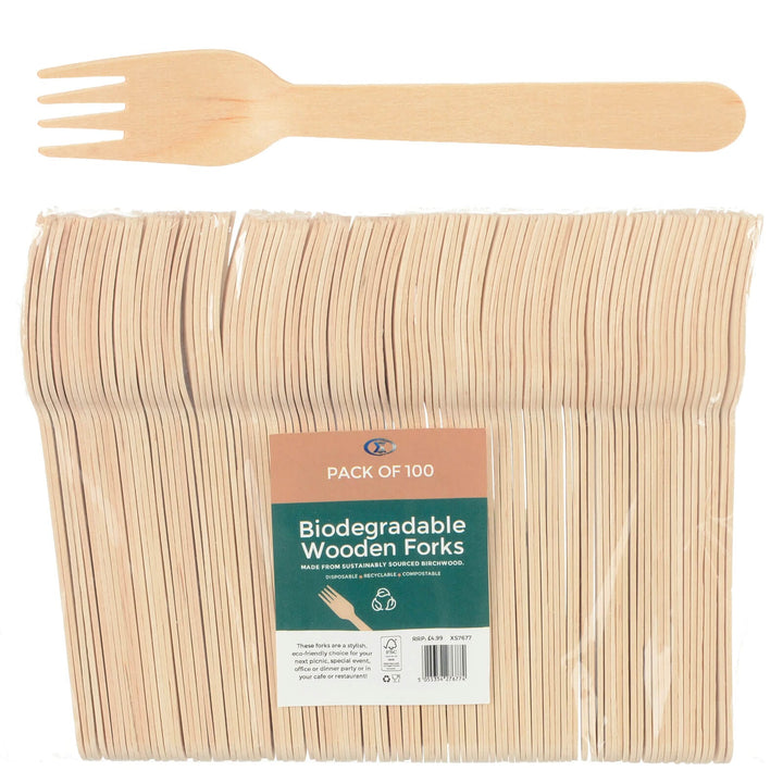 Pack Of 100 Wooden Cutlery Party BBQ Picnic Biodegradable Fork