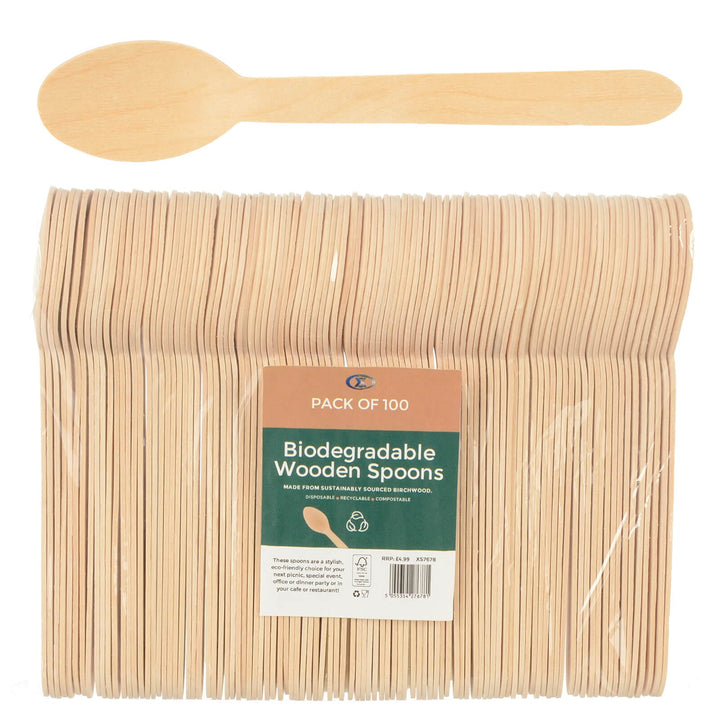 Pack Of 100 Wooden Cutlery Party BBQ Picnic Biodegradable Spoon