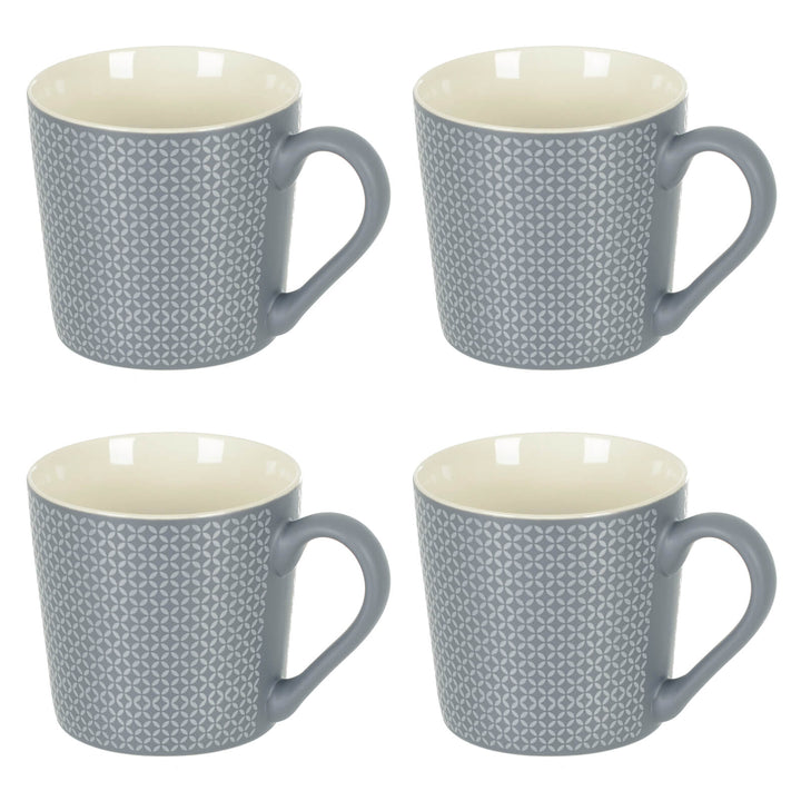 Set of 4 Grey Pattern Stoneware Coffee Mugs Tea Cups