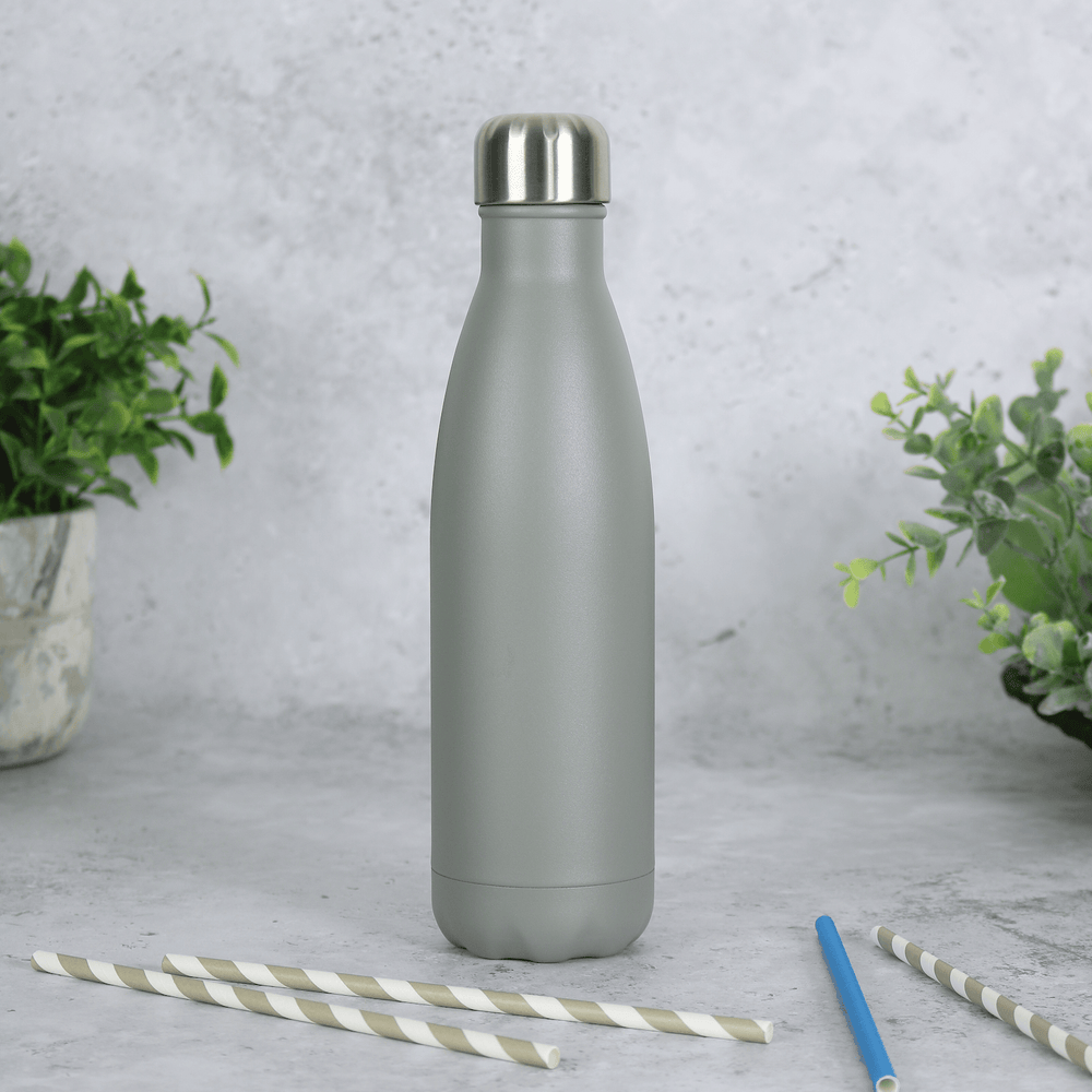 grey stainless steel vaccum bottle on concrete surface with plants in the background and grey and blue straws in the foreground