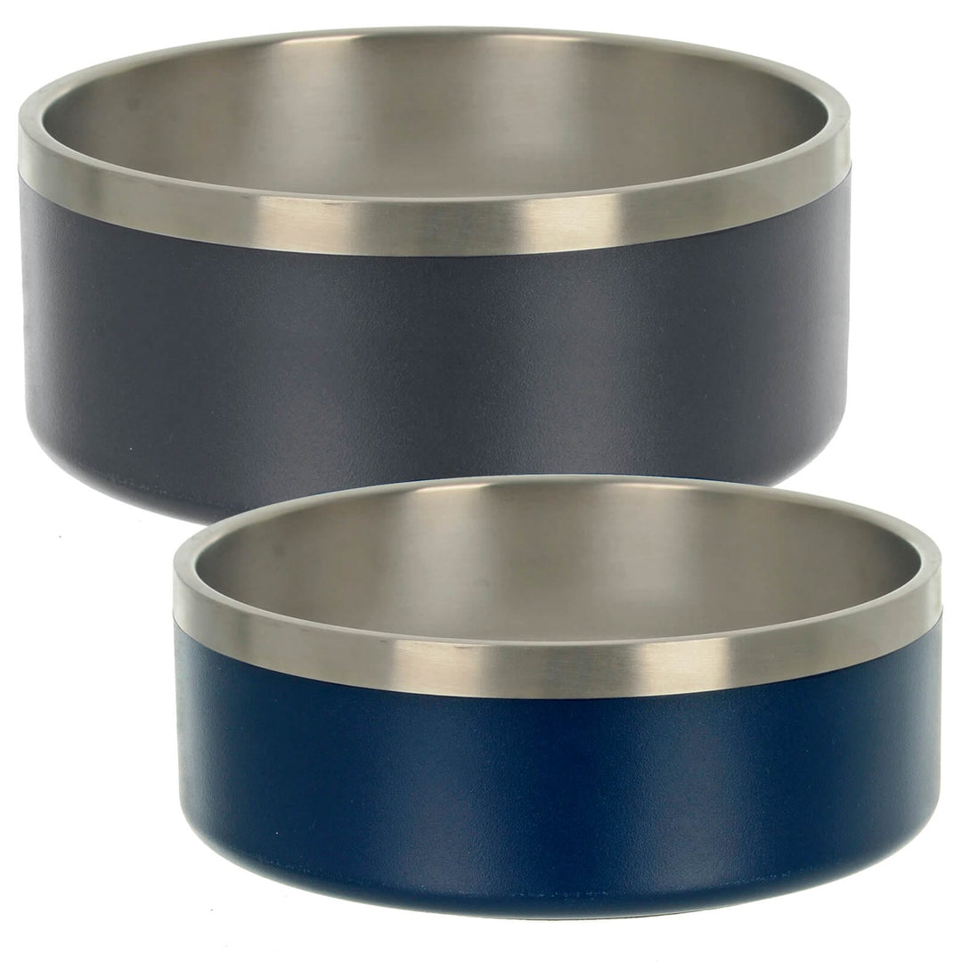 Large grey pet bowl and medium blue dog bowl with silver rims on a white background