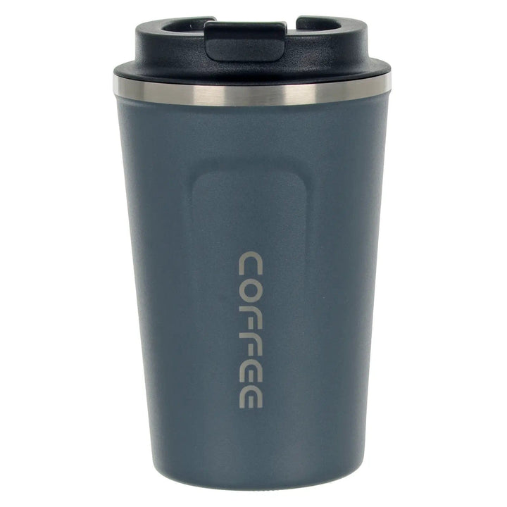 Insulated coffee travel mug in grey with black flip top lid