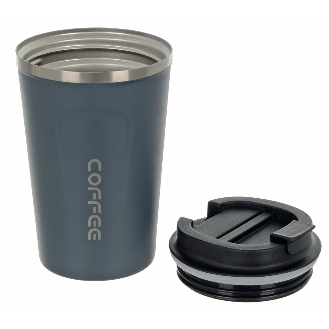 grey stainless steel insulated coffee mug open with lid off to show screw top