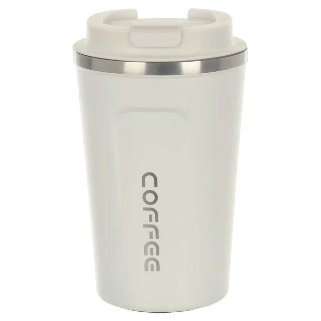 Stainless steel insulated coffee travel mug in white with black flip top lid