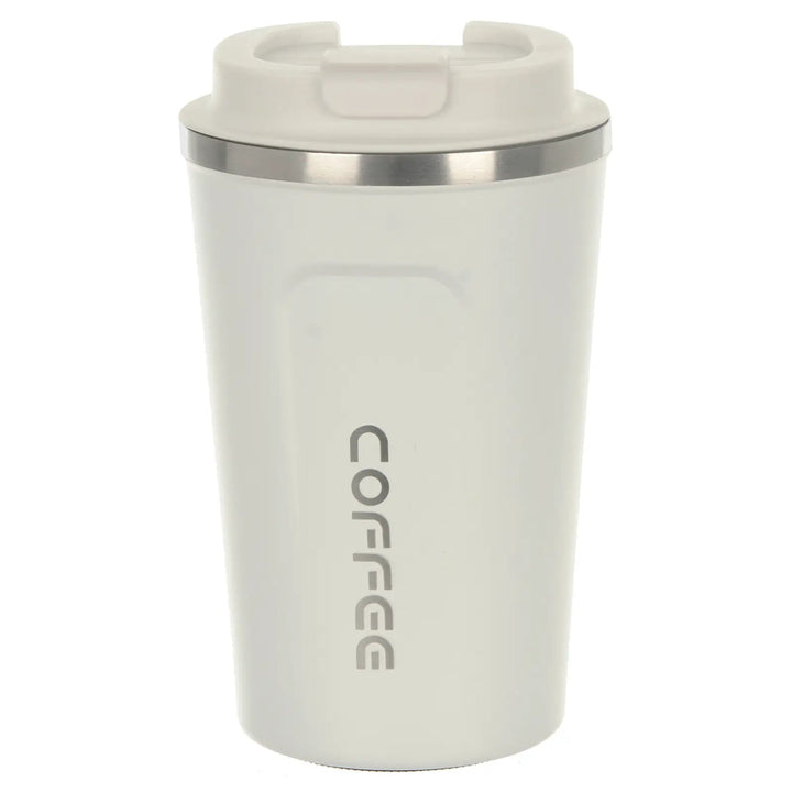 Stainless steel insulated coffee travel mug in white with black flip top lid