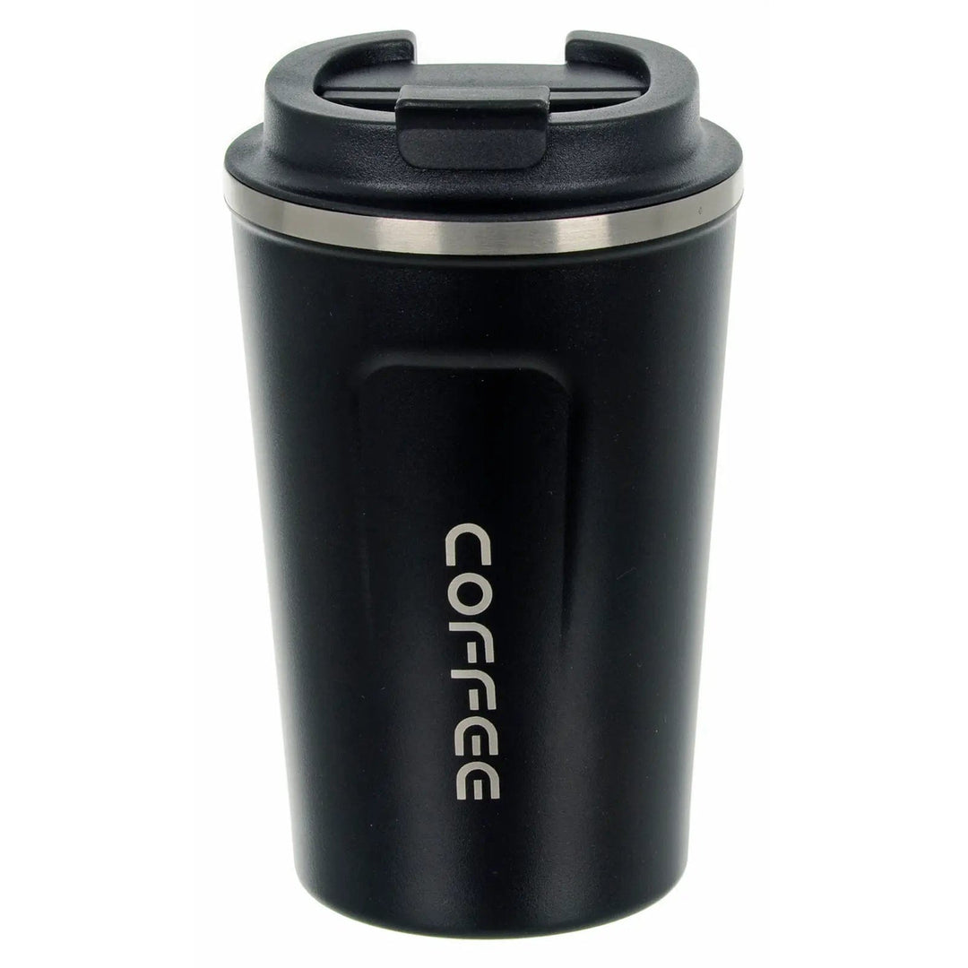 Insulated coffee travel mug in black with flip top lid