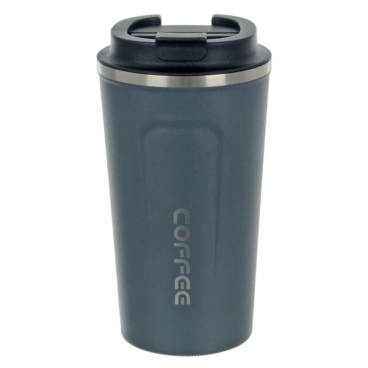 Large grey vacuum coffee mug with black flip top lid