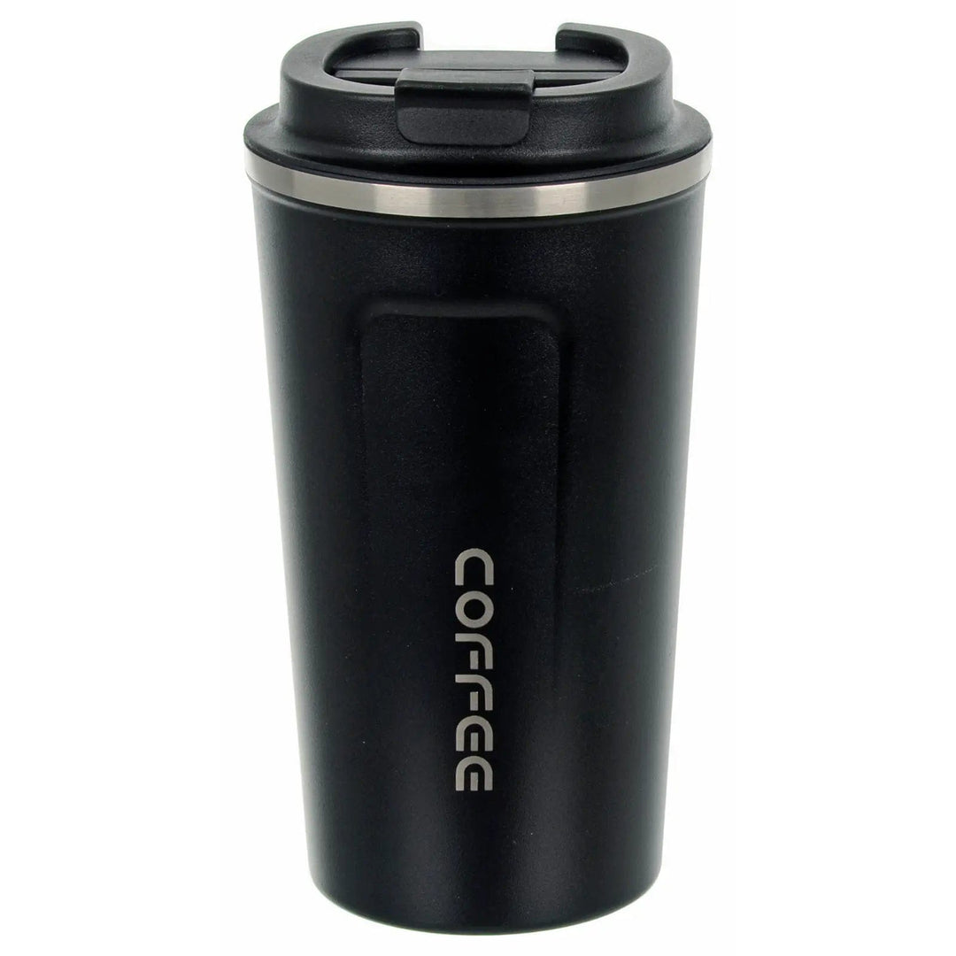 Large black stanless steel vacuum coffee mug with black flip top lid