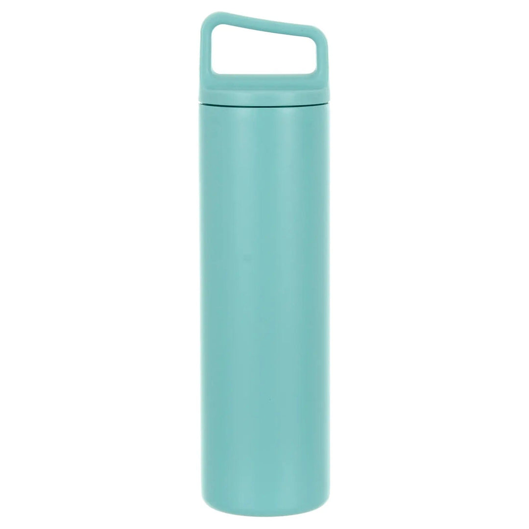 Duck egg blue water bottle with easy grip handle on top