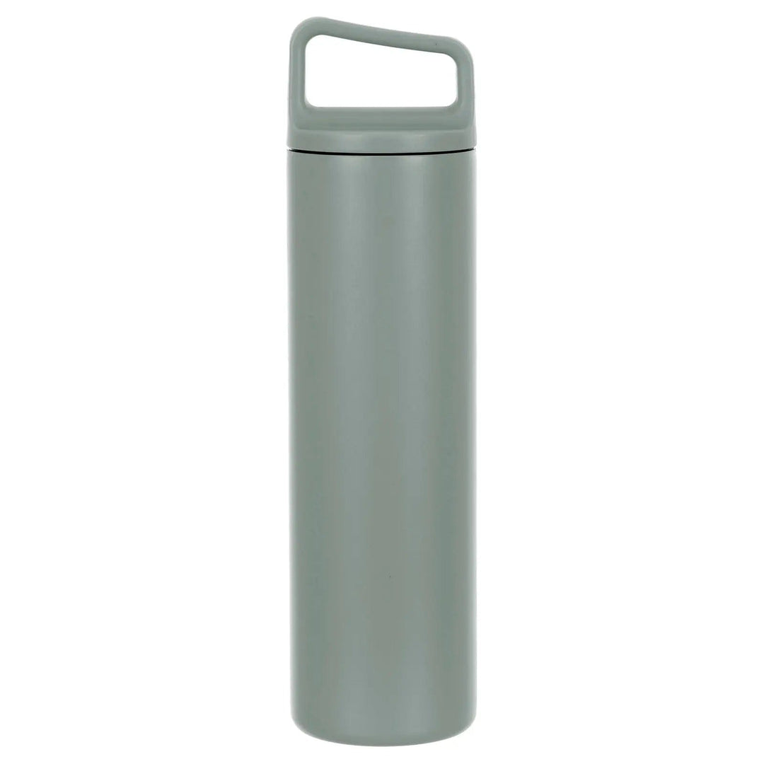 Grey stainless steel insulated water bottle with easy grip handle